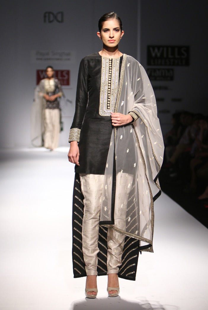 Nishat Black Dupion Silk High-Low Kurta with Stone Dupion Silk Cigarette Pant and Net Dupatta