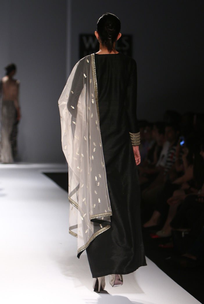 Nishat Black Dupion Silk High-Low Kurta with Stone Dupion Silk Cigarette Pant and Net Dupatta