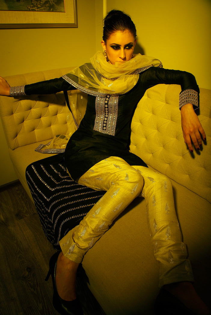 Nishat Black Dupion Silk High-Low Kurta with Stone Dupion Silk Cigarette Pant and Net Dupatta