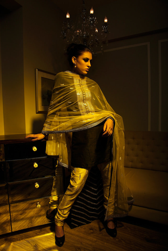 Nishat Black Dupion Silk High-Low Kurta with Stone Dupion Silk Cigarette Pant and Net Dupatta