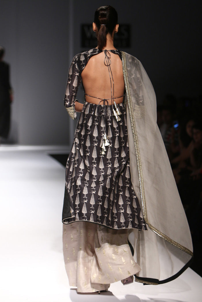 Bulbul Black Print Silkmul High-Low Kurta with Stone Dupion Silk Palazzos and organza Dupatta
