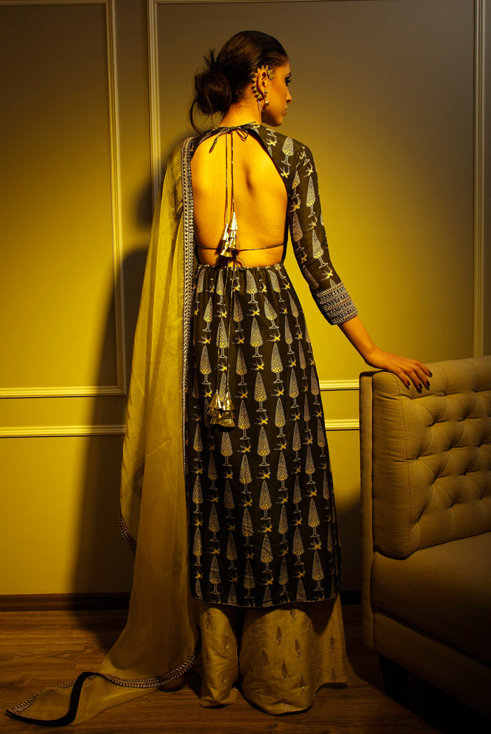 Bulbul Black Print Silkmul High-Low Kurta with Stone Dupion Silk Palazzos and organza Dupatta