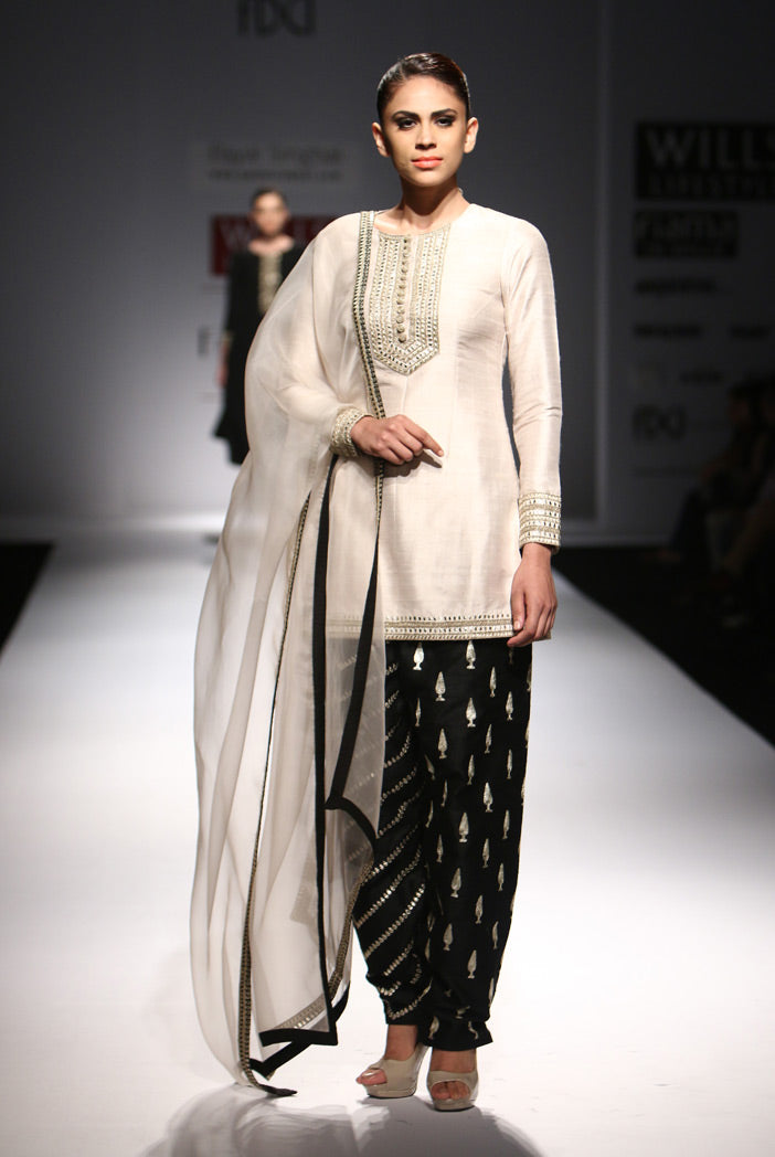 Sanober Stone Dupion Silk Kurta with Black Dupion Silk Salwar and Organza Dupatta