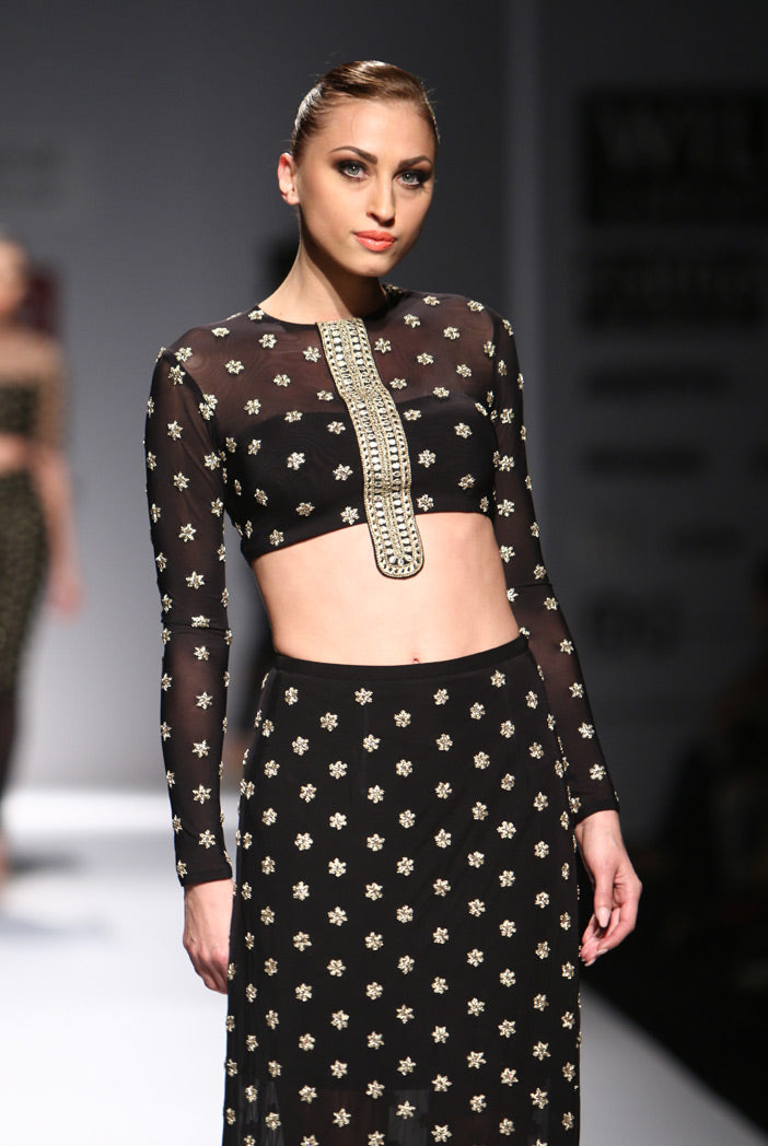 Rumi Black Soft Net Crop Top with Fitted Skirt