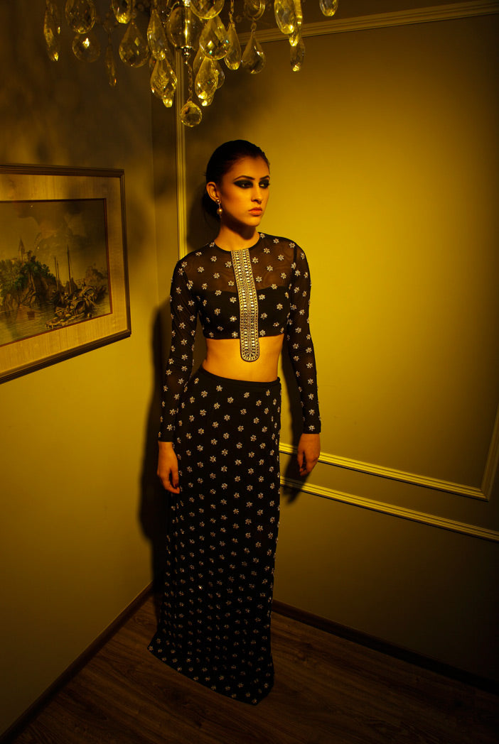 Rumi Black Soft Net Crop Top with Fitted Skirt