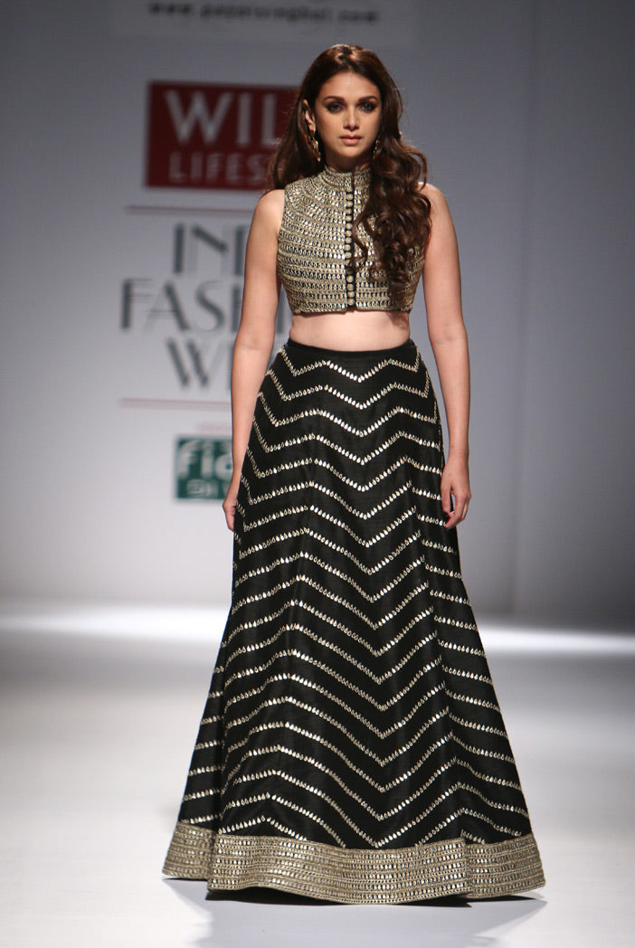 Firdaus Black Dupion Silk Choli with Lehenga