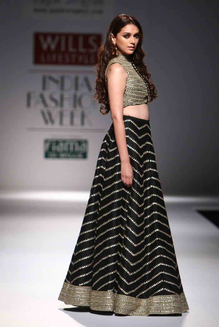 Firdaus Black Dupion Silk Choli with Lehenga