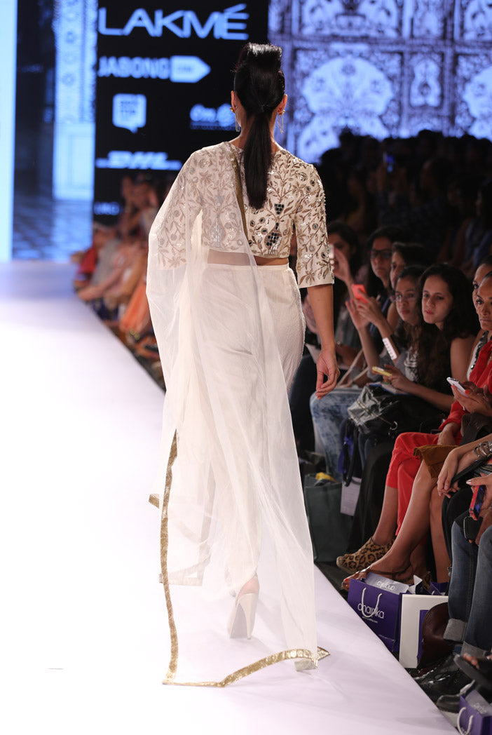 Zubaida Ivory Dupion Silk Crop Top with Dhoti Pant and Tulle Dupatta