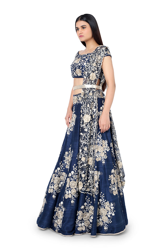 Navy Blue Colour Dupion Silk Choli with Lehenga and Net Dupatta with Leather Belt