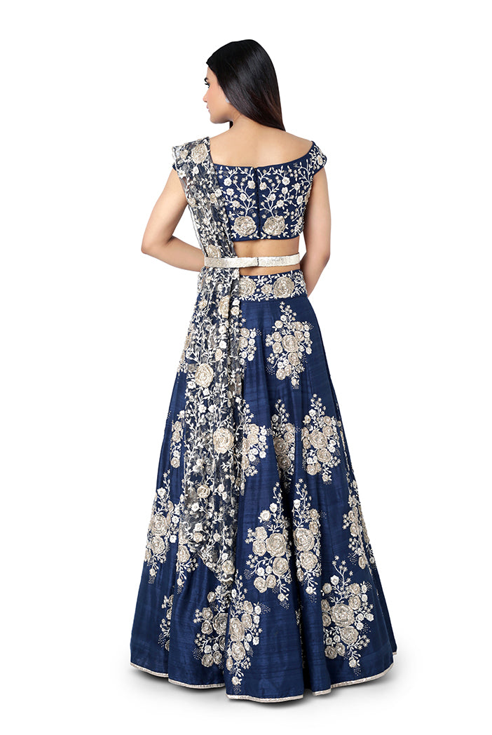 Navy Blue Colour Dupion Silk Choli with Lehenga and Net Dupatta with Leather Belt