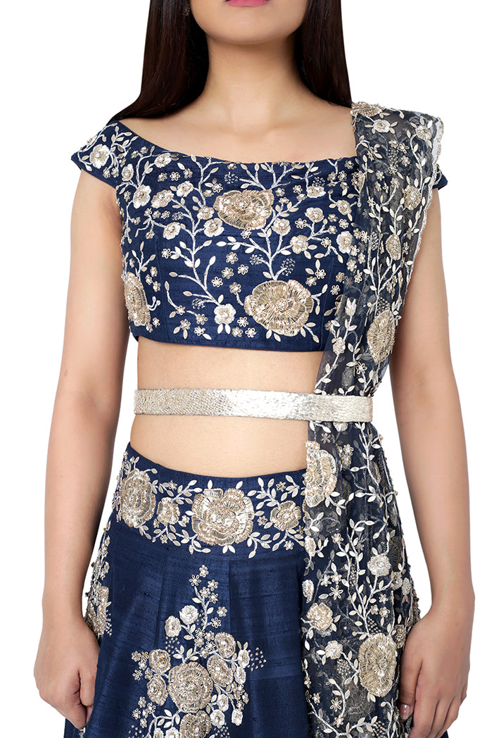 Navy Blue Colour Dupion Silk Choli with Lehenga and Net Dupatta with Leather Belt