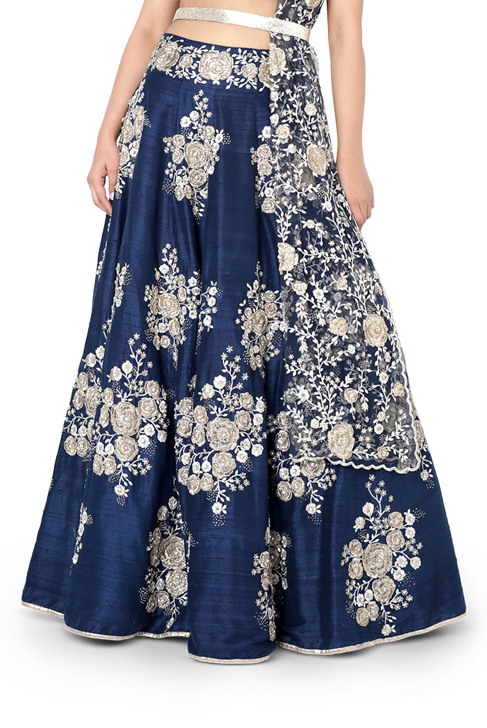 Navy Blue Colour Dupion Silk Choli with Lehenga and Net Dupatta with Leather Belt