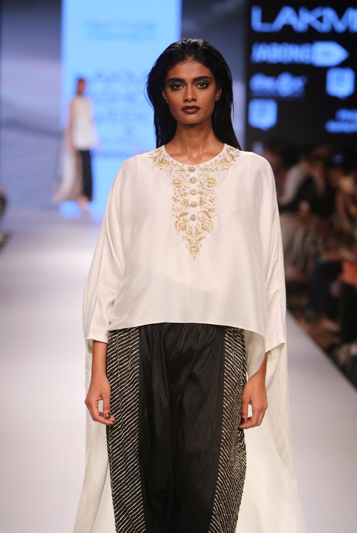Maaya Cream Silk Kaftan Kurta with Black Silk Low Crotch Pant