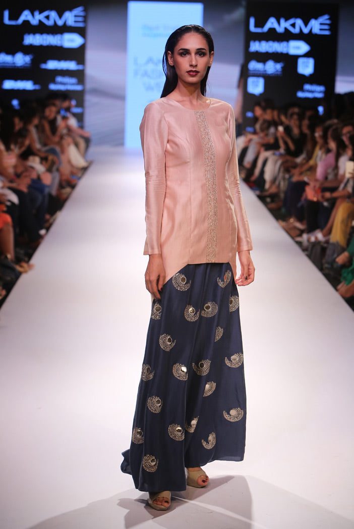 Nirva Blush Silkmul Kurta with Navy Silk Palazzo