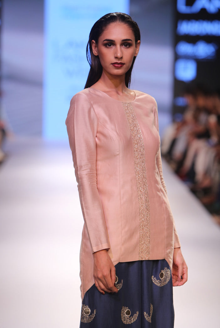 Nirva Blush Silkmul Kurta with Navy Silk Palazzo