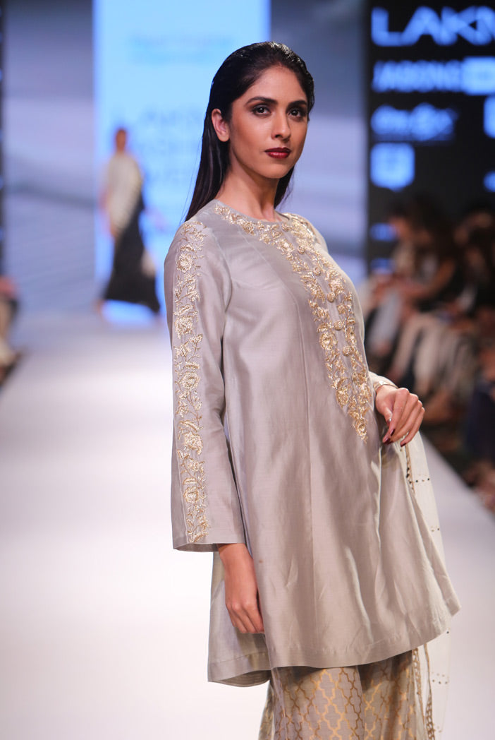 Hasina Grey Silkmul Kurta with Banarsi Palazzo and Mukaish Net Dupatta