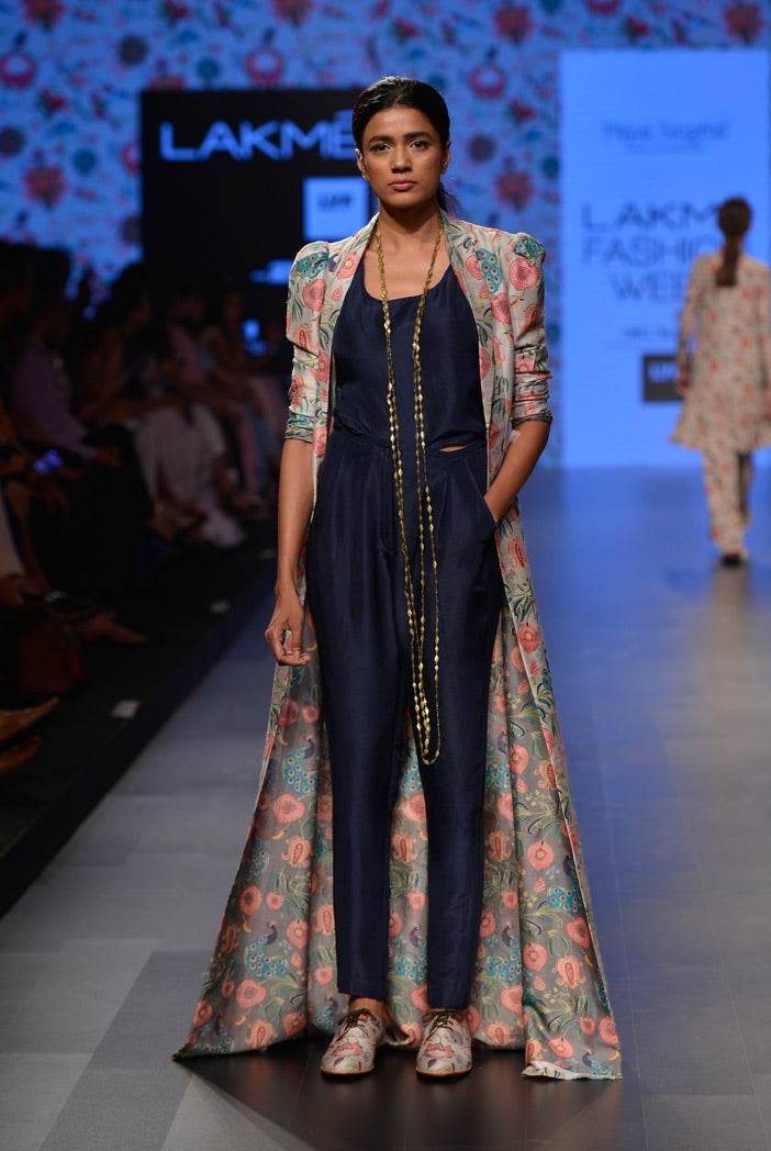 Shaheen Khaki Printed Dupion Silk Duster Jacket with Navy Silk Camisole and Pant