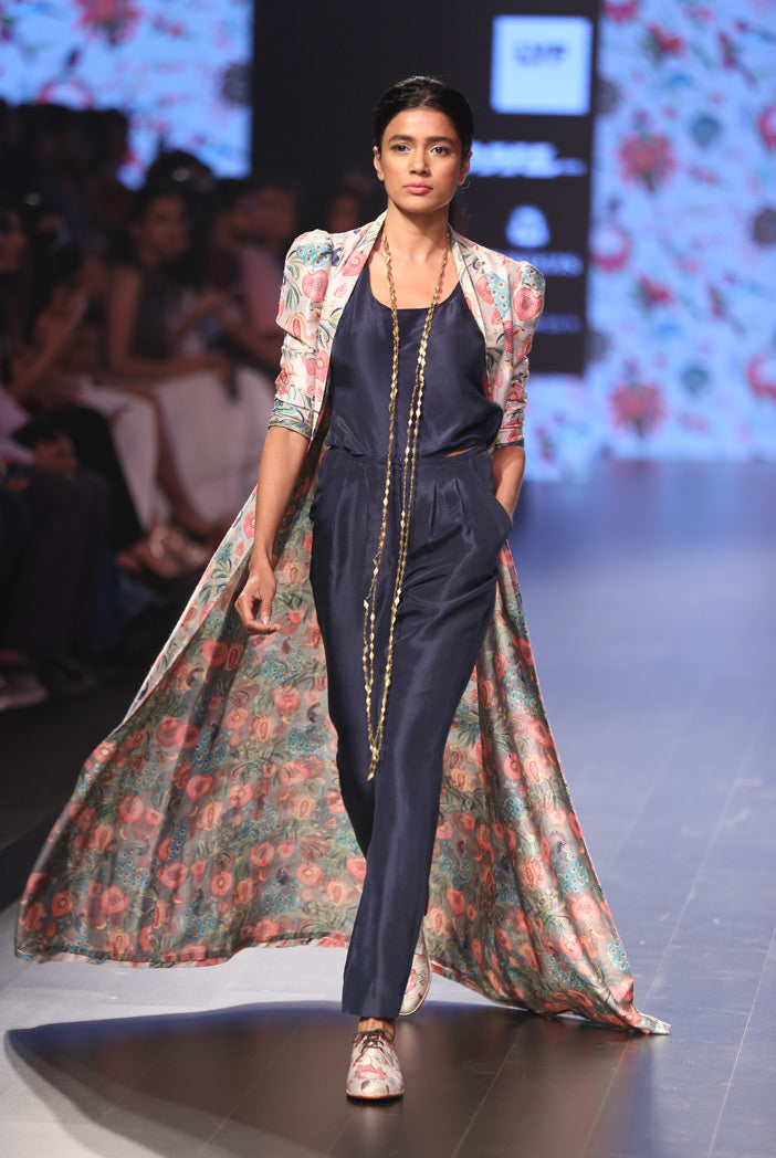 Shaheen Khaki Printed Dupion Silk Duster Jacket with Navy Silk Camisole and Pant