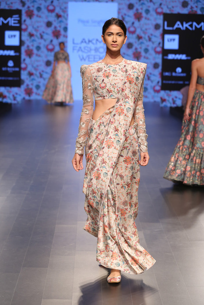 Adah Khaki Printed Silkmul Choli with Saree
