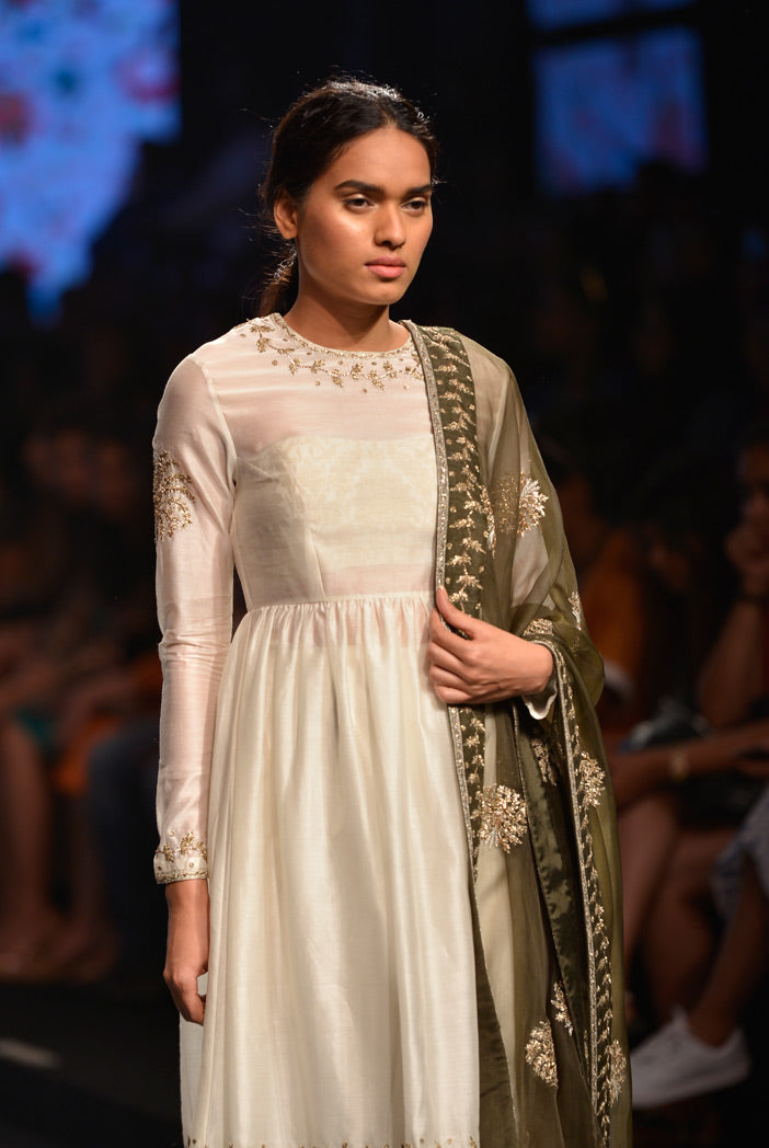 Nijah Ivory Silkmul Short Anarkali with Palazzo and Moss Green Organza Dupatta
