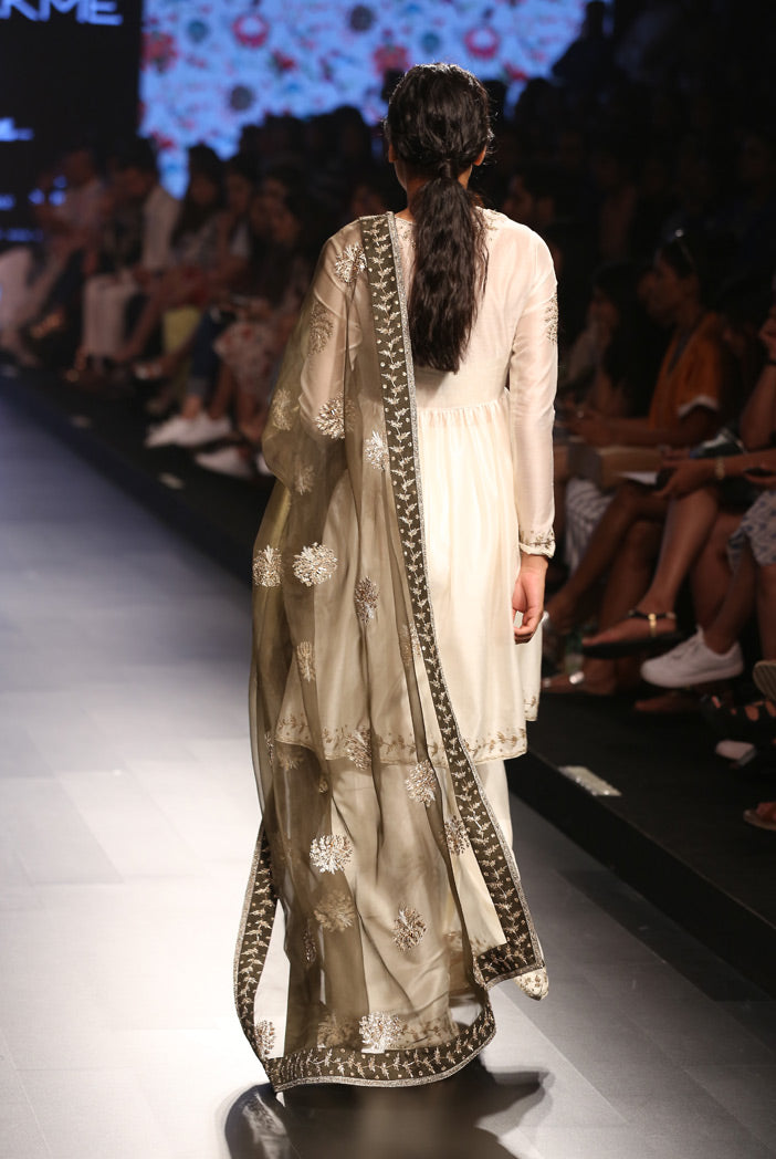 Nijah Ivory Silkmul Short Anarkali with Palazzo and Moss Green Organza Dupatta