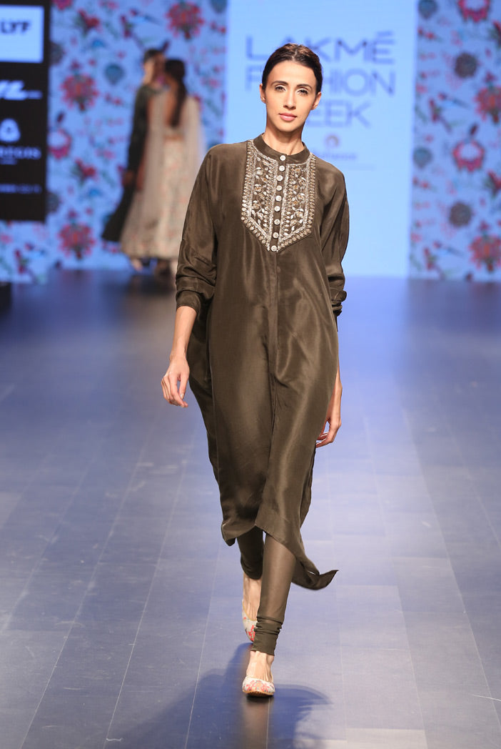 Raeesa Moss Green Silk Kurta with Soft Net Churidar