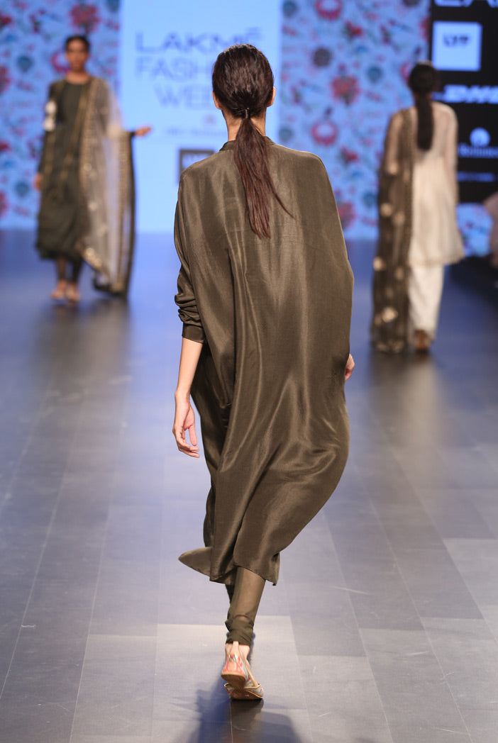 Raeesa Moss Green Silk Kurta with Soft Net Churidar
