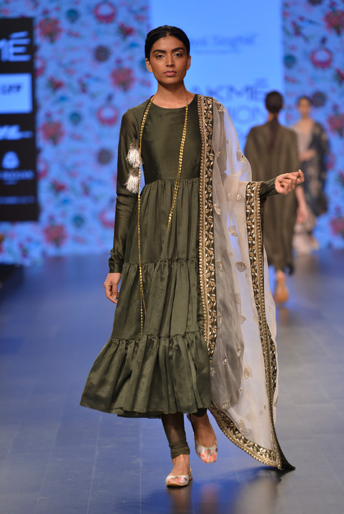 Radha Moss Green Silkmul Tiered Anarkali with Soft Net Churidar and Blush Organza Dupatta