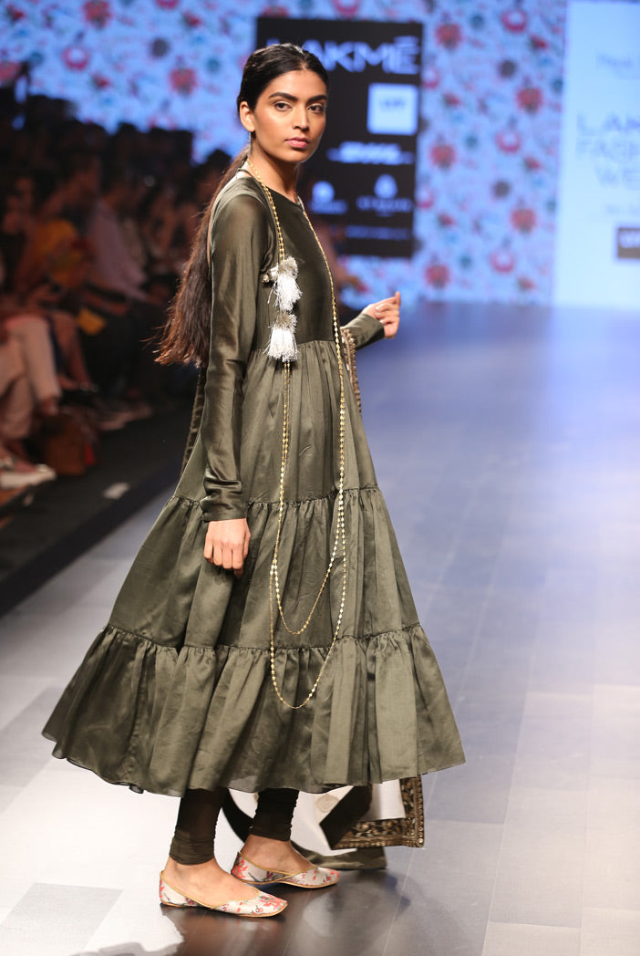 Radha Moss Green Silkmul Tiered Anarkali with Soft Net Churidar and Blush Organza Dupatta