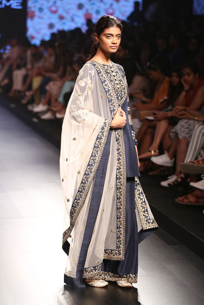 Gayatri Navy Silk Kurta with Palazzo and Blush Tulle Dupatta