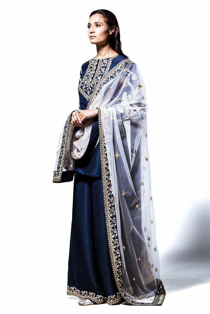 Gayatri Navy Silk Kurta with Palazzo and Blush Tulle Dupatta