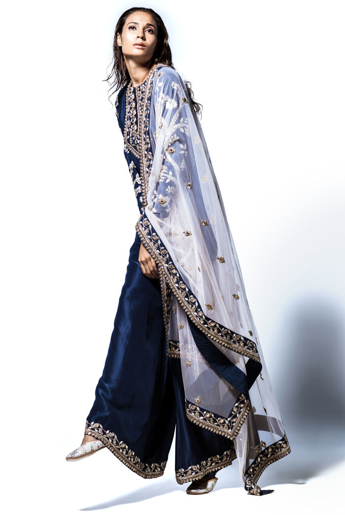 Gayatri Navy Silk Kurta with Palazzo and Blush Tulle Dupatta