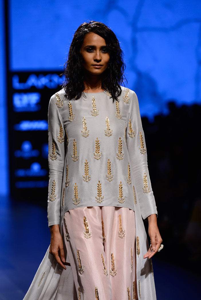 Iran Dove Grey Silk Kurta with Blush Silk Palazzo