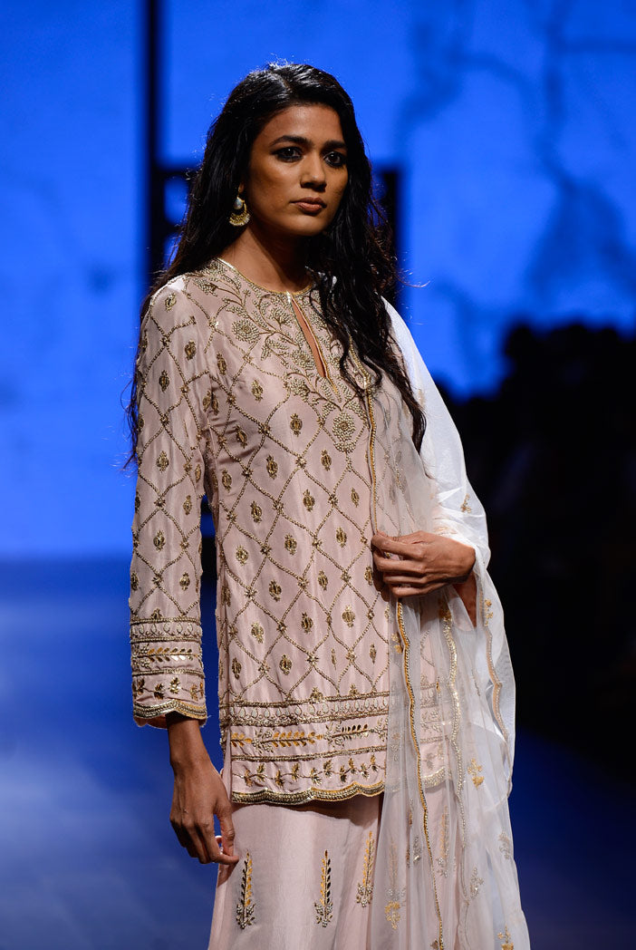 Parveen Blush Silk Kurta with Palazzo and dove Grey Tulle Dupatta