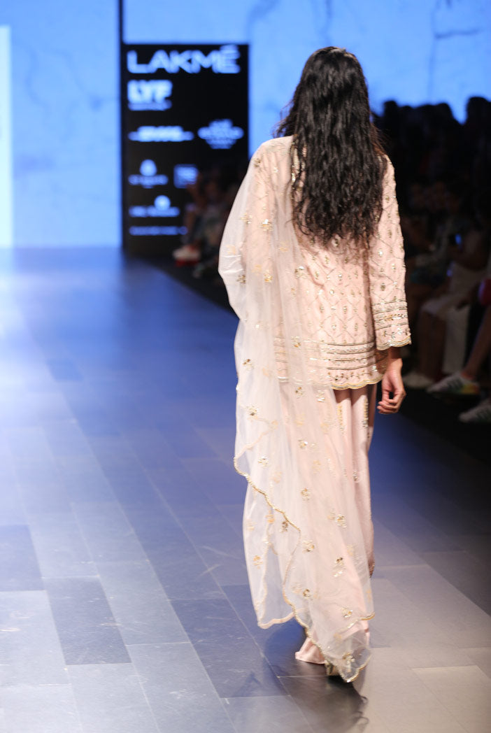 Parveen Blush Silk Kurta with Palazzo and dove Grey Tulle Dupatta