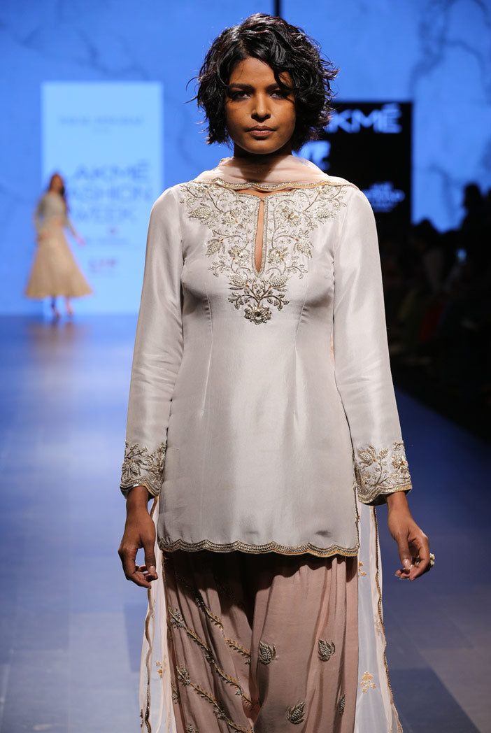 Kismat Dove Grey Silk Kurta with Blush Silk Salwar and Tulle Dupatta