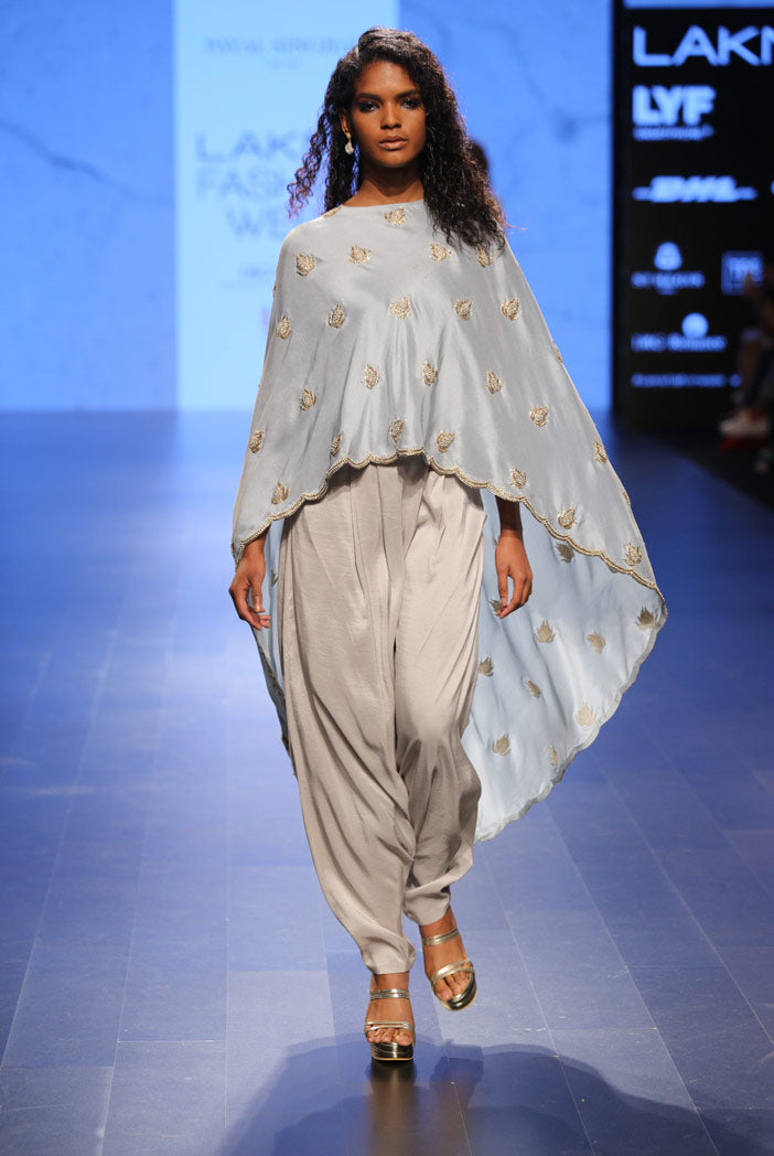 Ittar Powder Blue Silk Cape with Dove Grey Silk Camisole and low Crotch Pant