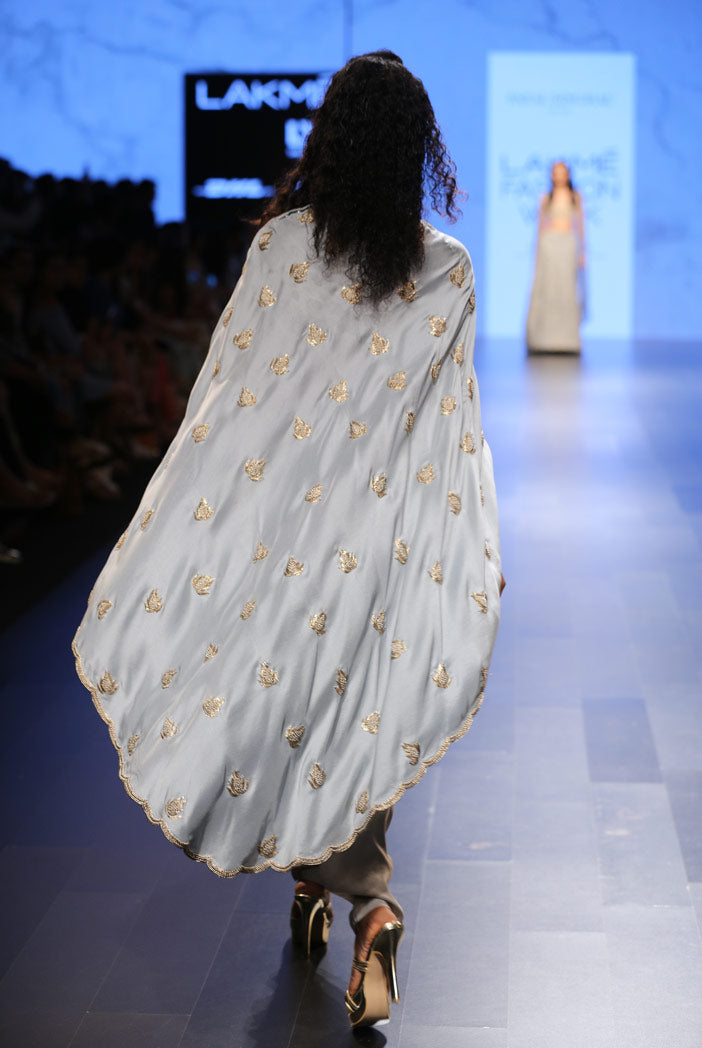 Ittar Powder Blue Silk Cape with Dove Grey Silk Camisole and low Crotch Pant