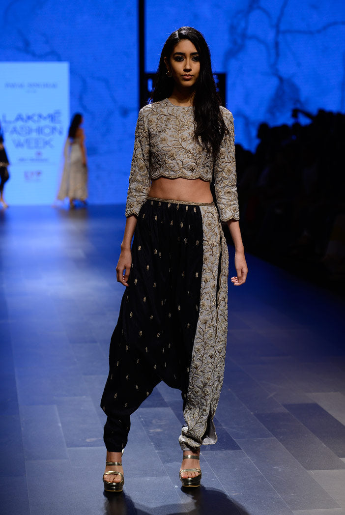 Vida Dove Grey Dupion Silk Crop Top with Black Dupion Silk Low Crotch pant and Dove Grey Dupion Silk Side Seam Panel
