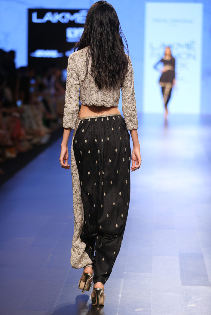 Vida Dove Grey Dupion Silk Crop Top with Black Dupion Silk Low Crotch pant and Dove Grey Dupion Silk Side Seam Panel