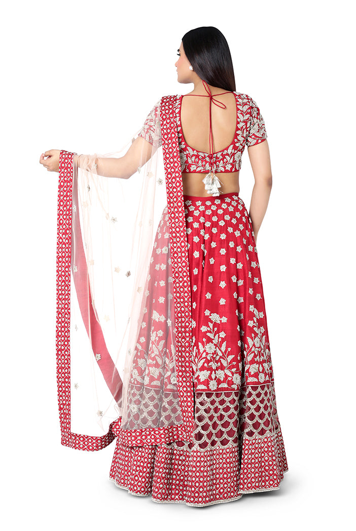 Red Colour Dupion Silk Choli with lehenga and Blush Colour Net Dupatta
