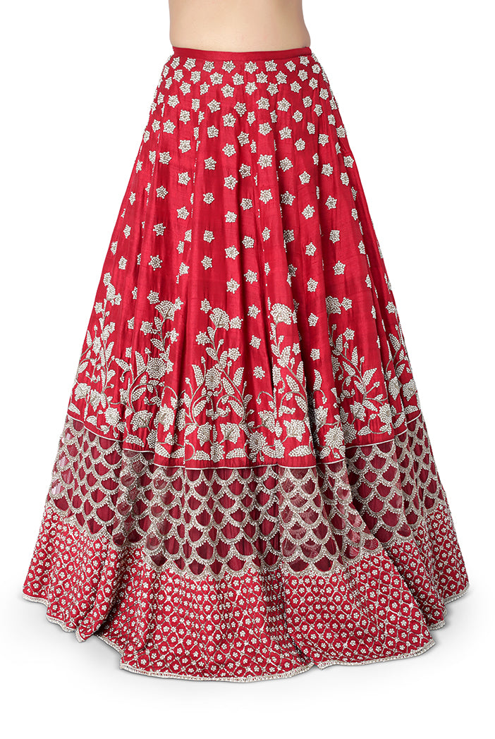 Red Colour Dupion Silk Choli with lehenga and Blush Colour Net Dupatta
