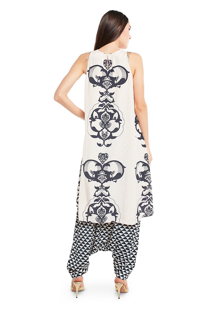 Blush Colour Printed Art Crepe Kurta with Black Colour Printed Art Crepe Low Crotch Pant