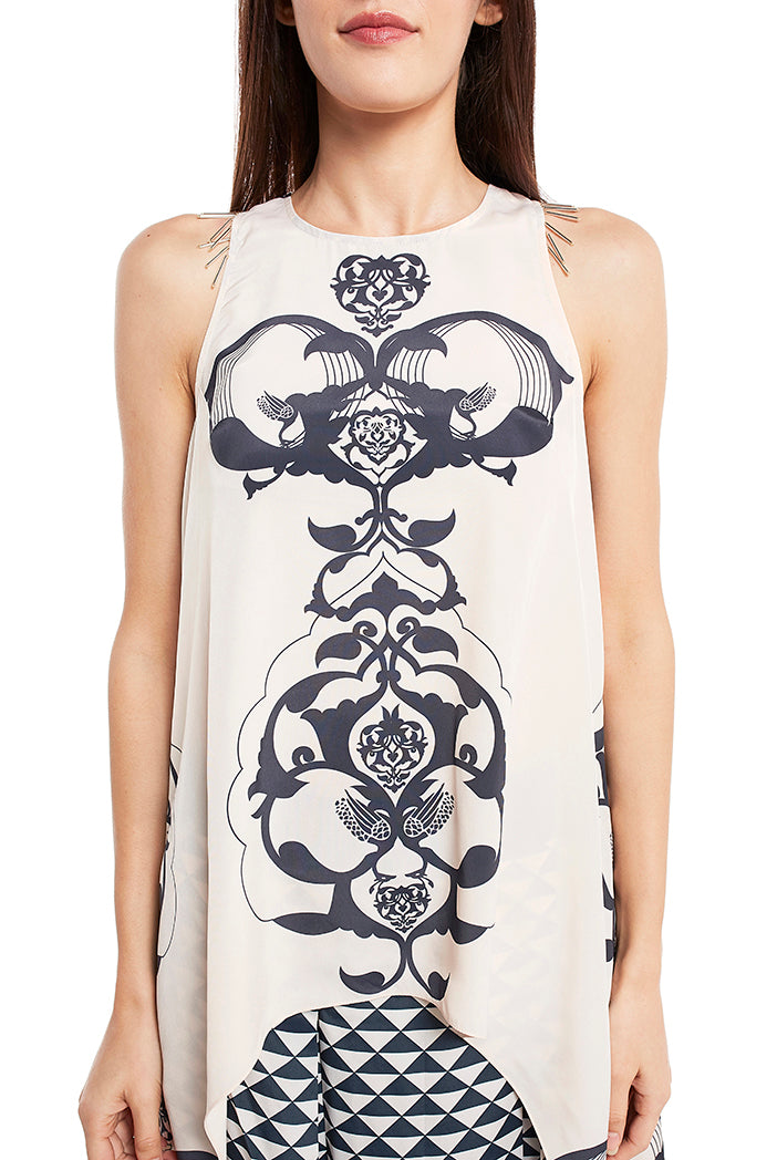 Blush Colour Printed Art Crepe Kurta with Black Colour Printed Art Crepe Low Crotch Pant