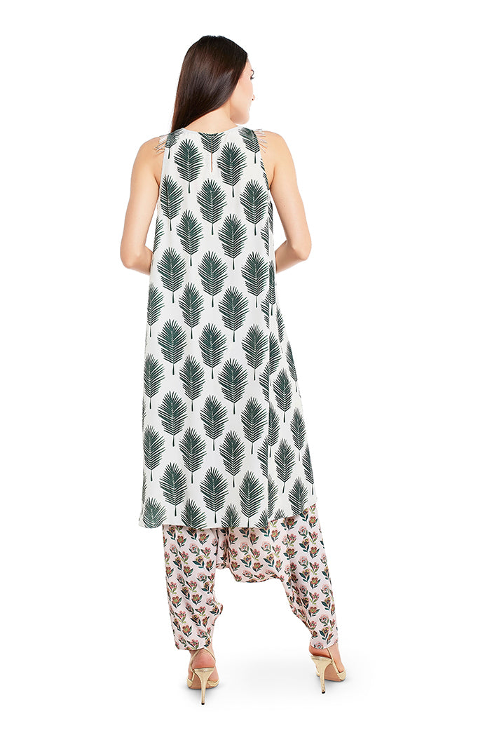 Cream Colour Printed Art Crepe Kurta with Low Crotch Pant