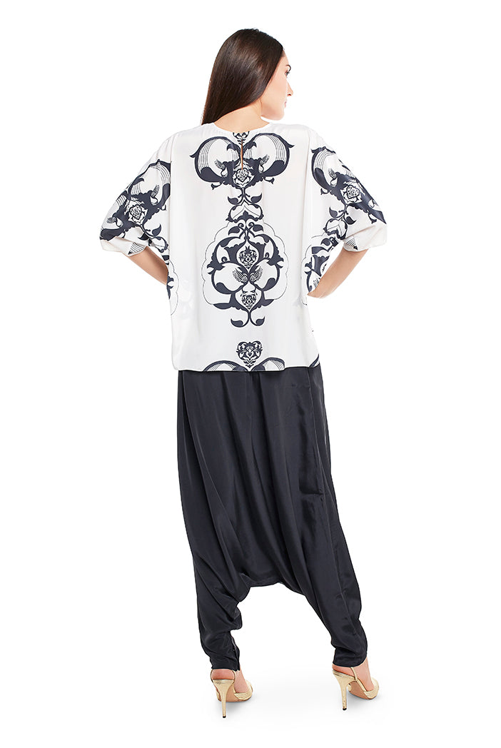 White Colour Printed Art Crepe Top with Black Colour Art Crepe Low Crotch Pant