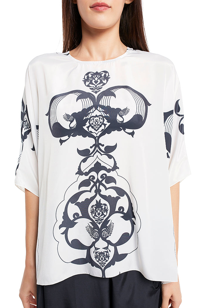 White Colour Printed Art Crepe Top with Black Colour Art Crepe Low Crotch Pant