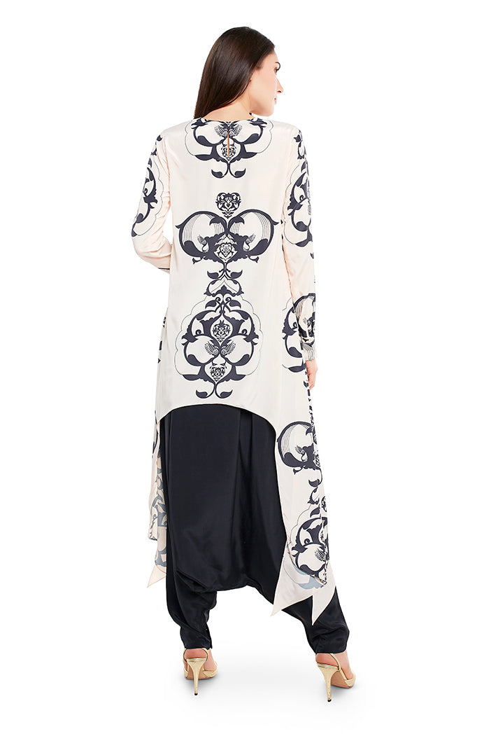 Blush Pink Colour Printed Art Crepe Top with Black Colour Art Crepe Low Crotch Pant