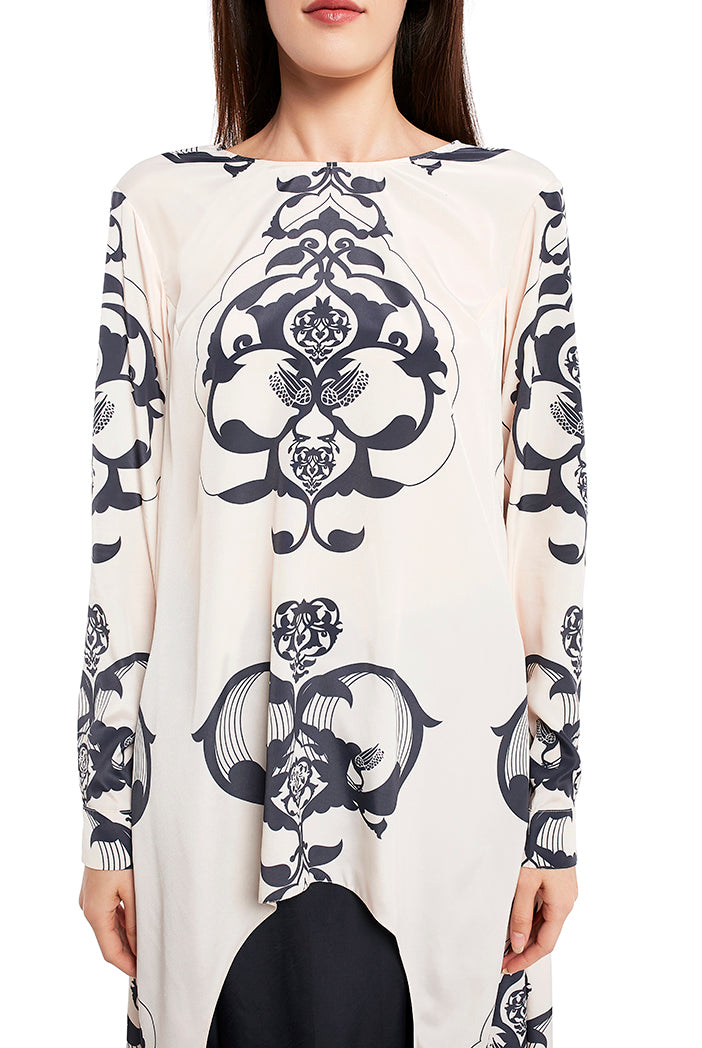 Blush Pink Colour Printed Art Crepe Top with Black Colour Art Crepe Low Crotch Pant