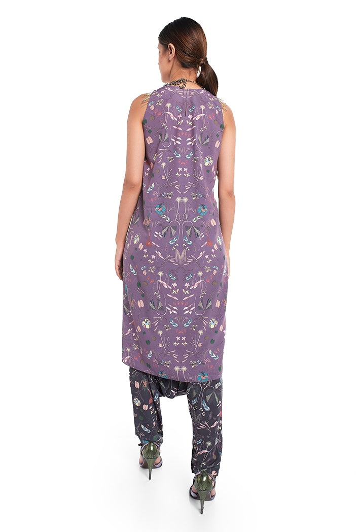 Eggplant Colour Printed Art Crepe High-Low Kurta with Black Colour Printed Art Crepe Low Crotch Pant